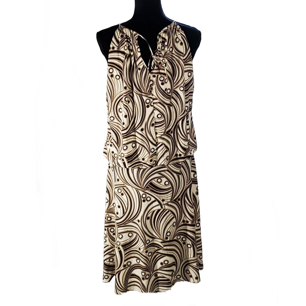 Maggie London Brown White Abstract Print Halter Blouson Dress Size 14 - Picture 4 of 8